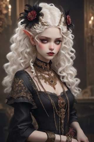 The albino demon girl, is dressed in a captivating blend of Baroque and punk fashion styles. Her attire features ornate Baroque-inspired garments with intricate lace, ruffles, and embellishments, reminiscent of royalty from the Baroque era. However, the traditional elements are juxtaposed with edgy punk accents, such as leather straps, spikes, and chains, adding a rebellious and modern twist to her ensemble. The color palette includes rich jewel tones and metallic hues, enhancing the opulent yet rebellious aesthetic. ,photo_b00ster,ct-niji2