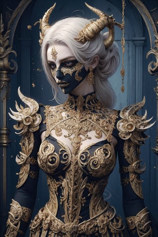 1girl,.albino demon little queen, (long intricate horns), a sister clad in gothic punk attire, face concealed behind a striking masquerade,Gold Embroidery,mask,themed,white_aesthetics,photorealistic,Masterpiece,Realistic,dark fantasy,z1l4,3va,Chromaspots,glowing gold