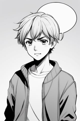 Manga_Style,Cartoonish,Rough-Hatching,Cross-Hatching, Oversimplification,Monochrome,boy,Various Static Emotions,Big Blank White Speech Bubbles ,Various Static Pose,Various Static Angle ,No Background, White Background