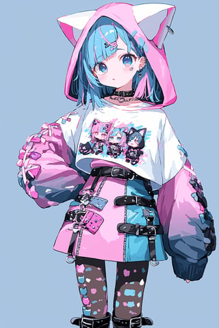 dal-3,vtuber girl,Solo,
cute anime characters,Beautiful blue eyes,asymmetric bangs,candy punk Fashion,cat ear hood,Pastel colored clothes based on blue and pink,Pastel Emo Fashion, Anime Print Shirt,Gothic Style tights, long military boots,,dal-6 style,pink-emo,emo,Visual_Illustration,c0l0urc0r3