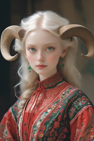 cowboy shot, albino devil girl,
 (complex long horns: 1.2), in traditional Italian and Sardinian costume, endlessly beautiful emerald eyes, her ethereal presence accentuated by the transparency of her pale skin, her striking emerald eyes radiating an otherworldly glow,
Break
Wrapped in the vibrant colors and intricate designs of her artistically embroidered blouse, colorful skirt, apron, and Sardinian folk costume in red and white tones, she exudes an enchanting allure that transcends the realms of fantasy and reality,photo_b00ster,aesthetic,kökörcsin
