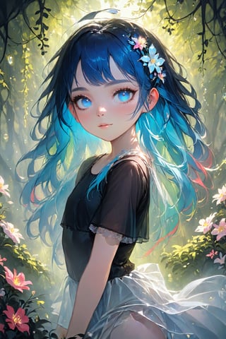  delicate albino Pixie girl,crystal hair,
Beautiful blue eyes, soft expression, (heavy black eyeshadow:1.2), Depth and Dimension in the Pupils,Seven-colored hair that shines vaguely,(colorful hair:1.4),
She stands in stillness, adorned with soft, pale-colored petals and delicate flowers cascading from her hair, creating a dreamlike beauty. Her eyes, silver or pale blue, convey mystery and wonder as she moves gracefully through the enchanting landscape.,zavy-hrglw,Rainbow haired girl 