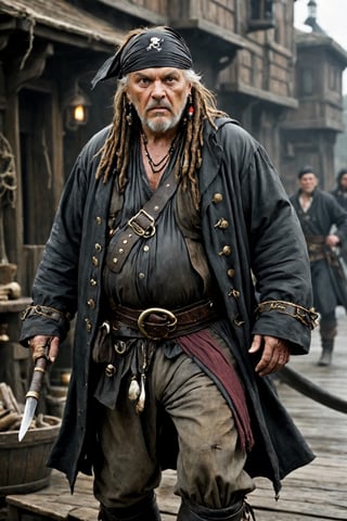 Ultra realistic,ugly old male pirate,low-ranking pirate,
black eyeliner, dirty coat,(fat),(bandana hood:1.2),baggy trousers,gun belt, knee-length boots,Leonardo, Movie Still