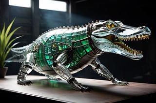 A giant alligator made of glass and mechanical parts is a stunning fusion of natural elegance and industrial precision. Transparent glass reveals the intricate inner workings while evoking both ancient and futuristic elements. Its eyes reflect light, and gears and metal components are visible within its mouth. This creature appears as though it's from the future yet remains a part of nature.