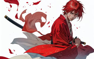 masterpiece, best quality, highres,(Solo:1.2),1boy,young man, battoujutsu, photorealistic,red Hair,short hair,red Japanese Clothes,Kenshin,(Scar on cheek ),action