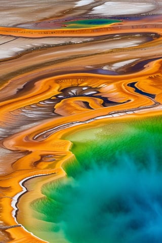 Grand Prismatic Spring,spouting up water
 erupting with vibrant hues of water. This iconic natural wonder in Yellowstone National Park dazzles the senses with its kaleidoscope of colors, ranging from vivid blues and greens to fiery oranges and reds. As the water gushes forth from the earth, it creates a mesmerizing display of beauty and power, casting shimmering reflections in the sunlight,ye11owst0ne
