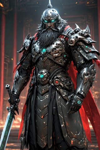  cyborg version of Guan Yu, the legendary Chinese general,(very long beard:1.2),Clad in futuristic armor adorned with traditional motifs, Cyborg Guan Yu exudes an aura of strength, His cybernetic enhancements include robotic limbs, enhanced senses, and built-in weaponry,The gleaming metal of his cybernetic components contrasts with the ancient symbols engraved on his armor, symbolizing the fusion of past and future. His helmet, resembling a traditional Chinese warrior's helm but with high-tech visors,with a beard,Chinese_armor,kabuki,scythe,cyborg
