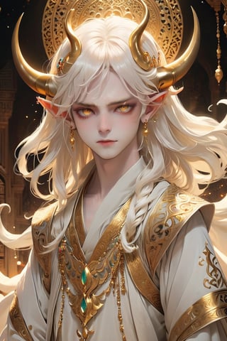 Beautiful albino demon boy,(long Demon horns:1.2), Arabian Nights-inspired ensemble, evoking the mystique and allure of the desert nights. Dressed in flowing robes adorned with intricate gold embroidery and jewels, he exudes an air of exotic elegance. His pale skin contrasts beautifully with the rich fabrics, while his eyes gleam with an otherworldly light. With each step, he moves with a sense of grace and confidence, embodying the enigmatic charm of the Arabian Nights tales, Despite his demonic nature, 