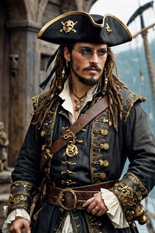 Ultra realistic,handsome young male pirate,black eyeliner, dirty coat, old-fashioned glasses, dark shades of Renaissance aristocratic dress, dirty cuffs, gun belt, knee-length boots, wearing intricately crafted ornaments and decorated with numerous gold ornaments, handsome man, goatee, pirate, Leonardo, Movie Still