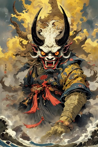 ((Solo)), Yōkai, Gyūki, a yokai from Japanese folklore, a monster with a head like an ox and a body like a spider,((spider body)),
It has a head like an ox and a body like a spider, two sharp yellow horns, and six legs with sharp, sickle-like claws extending from the tips of the horns..,huapighost,oni style