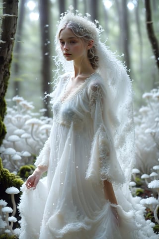  1girl,mushroom princess, in a stunning dress made of pure white slime mold, The ethereal gown flows like fine lace, glistening softly. Her crown, made of delicate mushroom caps, sparkles with tiny glowing spores. Standing in a mystical woodland glade, she embodies nature's elegance and mystery, her living dress swaying gently. The princess exudes purity and enchantment, showcasing the unexpected beauty of the natural world.,mushroomz,water dress,LuminescentCL