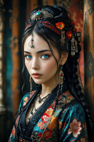  (beautiful French woman), beautiful Eyes,in a Central Asian wedding outfit, reimagined in Japanese Gothic style,Her colorful dress features intricate embroidery with Gothic lace and black accents, Kimono-style sleeves and an obi belt add a Japanese touch. She accessorizes with dark gemstone jewelry and a lace veil, her hair styled with braids and colorful ribbons, This fusion of Eastern European, Central Asian, and Japanese Gothic elements creates a unique and sophisticated look.,bustle dress,mad-marbled-paper,PIXAR