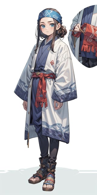 deformed Anime Style,full body,beautiful little girl,12 years old, wearing old traditional Ainu clothingPolish and Japanese half girl, Shabby threadbare worn-out clothes,beautiful crystal blue eyes,Clothing that has deteriorated over time, The outfit consists of a robe-like garment called an 'attush' made from intricately woven fabric, adorned with intricate geometric patterns. She also wears a 'kaparamip' headband with decorative embroidery. The clothing is rich in earthy tones like browns, reds, and greens, reflecting a deep connection to nature,