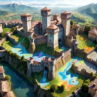 Top view of holographic magic map (3-D), Fénis Castle, Italy, three-dimensional depiction, emerging from a magic map, majestic fortifications, towering ramparts, double battlements, towers, intricate architecture, courtyard in the center of the keep, enchanting views of the Italian countryside, the map is lifted from paper It appears to float and sit on a wizard's desk. magic multicolor ink, high quality, imagination, 8K, fantasy art, vivid magical colors, style painting magic, map, itacstl