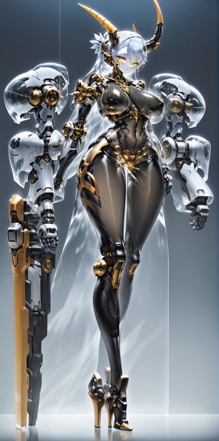 albino robot Girl, (long intricate horns:1.2),Giant weapon arms, adorned with ((transparent body parts)),(gold  breast), revealing the intricate machinery inside, giant robotic weapon, smooth and angular design despite transparent parts, pulsating energy and intricate circuitry visible through transparent body parts,high heels,Elegant curvaceous beauty,robot, mechanical arms,Glass Elements,Clear Glass Skin,hubg_mecha_girl,skinbodysuit,Blue Backlight,cyborg,bodysuit,breast bags