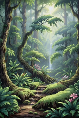 pixel art,
environment), (beautiful scenery)
Masterpiece, best quality, 8K, high res, ultra-detailed,  amongst lush greenery, adorned by vibrant flowers, no humans, beautiful view, ultra-detailed, fine detailed, highly detailed, intricate, highly detailed, ultra-detailed, scenery, no humans, misty atmosphere, solitary, intricate details, delicate features, verdant trees, soft moss, deep forest, intricate leaves and vines, wisps of light, verdant green, ,wild nature oil painting,
