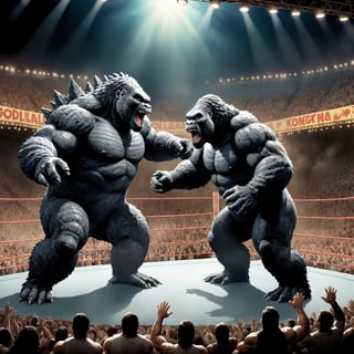 (Godzilla and King Kong),showdown between Godzilla and King Kong, unfolding within the confines of a professional wrestling ring. The ring, bathed in bright lights and surrounded by roaring fans, serves as the stage for this colossal clash of titans. Towering over the ring, Godzilla and King Kong lock eyes, their primal instincts driving them to engage in a fierce battle for dominance.