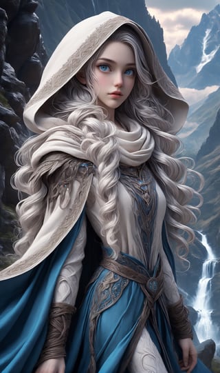 Extreme detailed,ultra Realistic,
beautiful young albinoELF lady,platinum silver shining pigtails hair, long elvish braid, side braid, blue eyes,Depth and Dimension in the Pupils,So beautiful eyes,elf ears,
white skin like alabaster,
Wearing leather tunic, hooded cloak, animal fur hood, intricate clothing, animal fur clothing, dark clothing, waistband, scarf, soft smile, bending posture, looking into the distance, 
snowy mountain scenery, overlooking valley, river, white clouds, seen from behind,ol1v1adunne,Decora_SWstyle