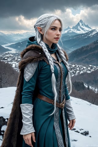 Extreme detailed,ultra Realistic,
beautiful young ELF lady,platinum silver shining hair, long elvish braid, side braid, blue-grey eyes,elf ears,
Wearing leather tunic, hooded cloak, animal fur hood, intricate clothing, animal fur clothing, dark clothing, waistband, scarf, soft smile, bending posture, looking into the distance, 
snowy mountain scenery, overlooking valley, river, white clouds, seen from behind,ol1v1adunne,Eyes