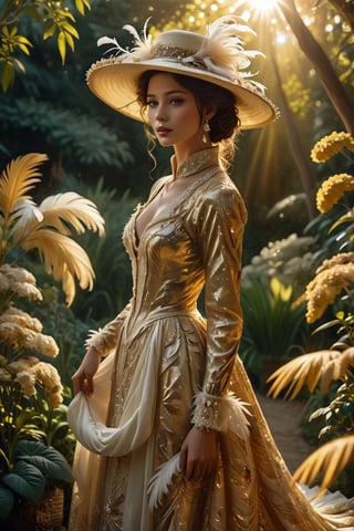 A stunning depiction of a woman wearing an intricately detailed 19th century morning dress that exudes luxury and elegance. Wearing a wide-brimmed hat adorned with feathers, silk and a string of pearls, reminiscent of the luxurious fashions of the Dynasty, she stands in a lush garden illuminated by the golden light of the morning sun. Masu. Perched delicately in her outstretched hand is a lively bird, a beauty that captures the essence of 19th century elegance and splendor.,crystalline dress