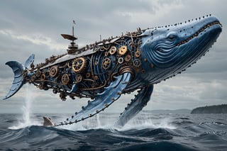 Imagine a colossal blue whale powered by intricate gears and machinery. Its body, a blend of organic and mechanical elements, is covered in metallic plates interwoven with large, visible gears and pistons that move rhythmically with each breath. The whale's eyes are mechanical, glowing softly with an otherworldly light. Steam occasionally hisses from vents along its sides, and its fins are reinforced with metal, resembling the wings of a steampunk airship. This majestic, gear-driven blue whale glides effortlessly through the water, a stunning fusion of nature and steampunk engineering.,Mechanical