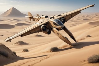 The giant ornithopter in Dune, an dragonfly-like vehicle that flies through the air on flapping wings, its huge wings spreading across the desert sky,((4 pairs of wings)),
The exterior of the Ornithopter consists of huge dragonfly-like wings,armored and military looking,
In the desolate terrain of Dune, the ornithopter serves as an important means of transportation,comic book,Dune Style