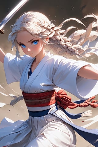 one girl,
A girl wearing pure white Japanese clothes, blue eyes, beautiful face, very delicately woven braided hair, incredibly complex braided hair, pure white Japanese clothes, red obi, white hakama, sword, sword and slashing at the enemy, the moment it takes,DonMM1y4XL,Expressiveh