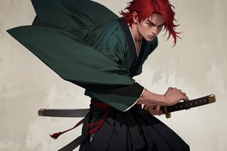 masterpiece, best quality, highres, 1boy, battoujutsu, photorealistic,red Hair,short hair,Japanese Clothes,