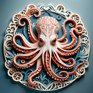 In the style of Morita Aya, a masterful cut-paper artist, an intricately crafted octopus emerges through the precision of cut-paper techniques. Each delicate contour and detail is meticulously designed, capturing the essence of Morita Aya's skillful artistry. The octopus, rendered with exquisite intricacy, showcases a harmonious blend of traditional Japanese cut-paper craftsmanship and the unique touch of the artist's style.,AiArtV