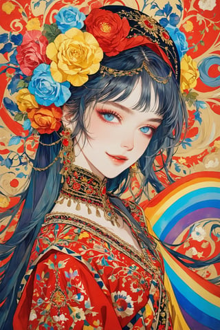 A woman of Scandinavian descent, long beautiful colorful candy hair, blue eyes, perfect beauty, wearing a beautiful traditional Tajik bridal costume.The luxurious dress is intricately embroidered in gold and red and is very colorful. full of happiness,
,emo,hubggirl,Rainbow haired girl 