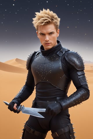dune,1man, British male, exudes an air of mystery and danger, short spiky golden hair,((spiky punk hair)),slim body, athletic build,Clad in an all-black cyber suit, he holds a gleaming  short knife, showcasing his readiness for action,Against the backdrop of the desert, under a sky adorned with giant stars, 