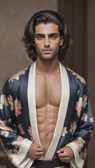 ultra Realistic,
high-Detailed beautiful face, young middle eastern man,dark skin,black long hair,
full body,perfect Face,wear kimono very loose and slovenly,luxury kimono,
European antique room background,p3rfect boobs,cleavage,perfecteyes,