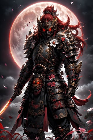 oni-musha,long red hair, box-shaped heavy japanese armour, holding katana,Oni mask,japanese armour,glowing red eyes,
gauntlet,vambrace, shoulder armor, japanese clothes,,helmet,fighting stance,
something indistinguishable or indistinct, (like clouds in the moon and wind in the flowers),
,kabuki,samurai,bl1ndm5k,warrior