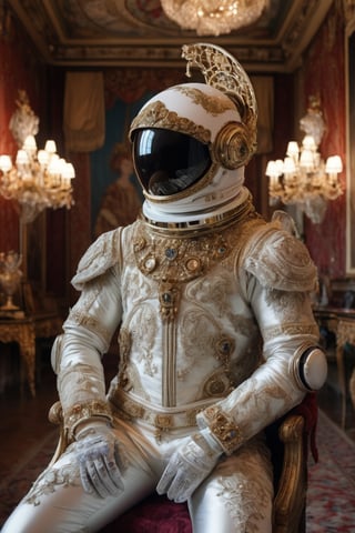"A man wearing beautiful 16th-century aristocratic clothing, adorned with luxurious fabrics and elaborate details such as lace, embroidery, and fine jewelry. His head is encased in a modern spacesuit helmet, creating a striking contrast between the historical attire and futuristic headgear. The helmet's visor reflects the opulent furnishings around him, capturing images of chandeliers, ornate tapestries, and richly decorated furniture. The background showcases a grand, lavishly decorated room typical of the Renaissance era, enhancing the surreal blend of past and future elements.",astronaut_flowers