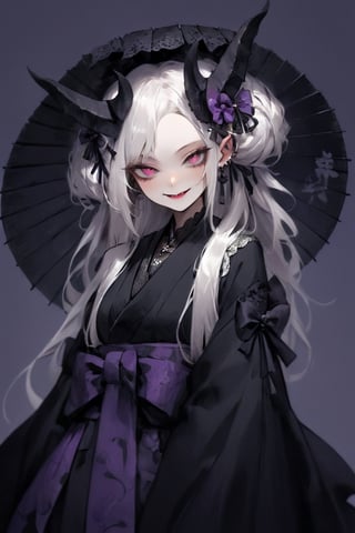 (masterful),(smile),(Squinting),toothy smile,(radiant smile:1.5),
albino demon little queen, (long intricate horns), a sister clad in gothic punk attire,fusion of traditional Japanese aesthetics and Gothic Lolita fashion, where elegant kimono silhouettes intertwine with the dark allure of Gothic elements. Picture elaborate, lace-trimmed kimonos in deep, rich colors adorned with ornate obis and corseted bodices,Accessories like parasols with lace and ribbons add a Victorian touch. Intricate hairpieces blend traditional tsumami kanzashi with gothic motifs, The color palette leans towards deep purples, blacks, and blood-reds, creating a striking contrast against the delicate fabrics,DonM1i1McQu1r3XL,nocturne,ct-niji2,dal, PERFECT FACE 