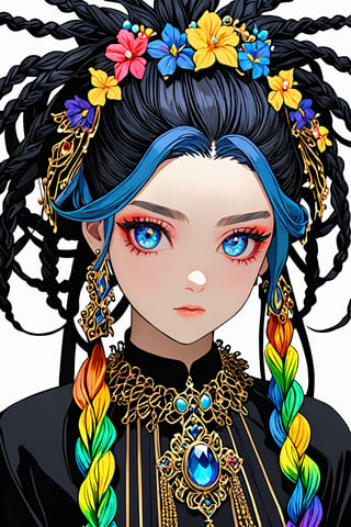 ultra Realistic,1 Girl,Beautiful Blue eyes,Detailed and beautiful iris,
 with crazy alternate hairstyle, amazingly intricately (dreadlocks:1.5
),colorful color hair, each braid painstakingly created,decorated with delicate accessories and beads, hair dark gold and black in color,aesthetic,Rainbow haired girl ,FlowerStyle,Score_9