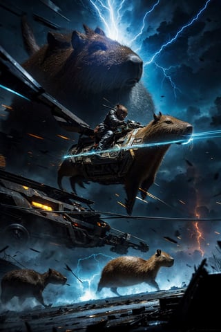  realistic,
Badass capybara (playing Electric guitar:1.2) with dark aura around, overwhelmed by his power, heavily enchained on the ground, trying to explode to free himself from the chains but he can't because chains are too big, wearing mechanical enhancements,epic and dynamic composition, thunder everywhere, cataclysm,dark cityscapes background, artstation, hdr, colorful shot, intricate details, cinematic, detailed, stormy weather, detailed art deco ornamentation, tons of flying debris around him,capybara