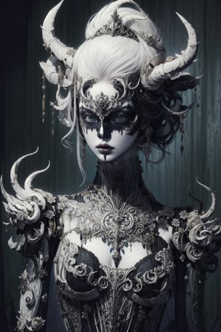 1girl,.albino demon little queen, (long intricate horns), a sister clad in gothic punk attire, face concealed behind a striking masquerade mask,themed,white_aesthetics,photorealistic,Masterpiece,Realistic,dark fantasy,z1l4