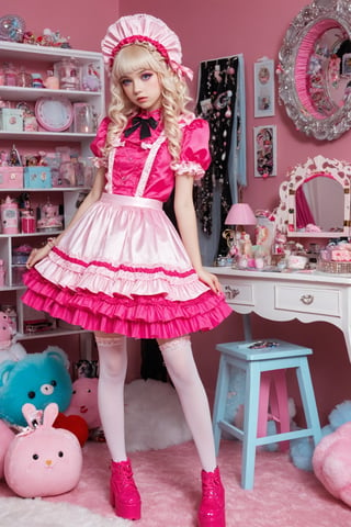 ,maximalism kawaii clutter and excessive decoration room,
brake
Cute Scandinavian girl,14 yo,(maximalism fashion), in an overly decorated emo style pink lolita outfit, her dress is bright pink with frills and studded with lace and ribbons,luxury head bonnet, a glittering flared skirt, platinum blonde curly hair, oversized ribbons and Adorned with sparkling hairpins, she wears thick platform boots and pastel stockings,heavy makeup,