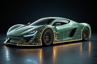 A sports car made entirely of circuit boards, exudes futuristic allure. Its body is adorned with sparkling LED lights, illuminating the road ahead with vibrant brilliance as it speeds into the future. Intricate circuitry weaves through the car's contours, shaping complex curves and aerodynamics for optimal performance. Equipped with state-of-the-art electronic control systems, it ensures high-speed stability and precision handling,circuitboard,DonMC1rcu17Pl4nXL,c_car