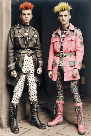 monochrome,male, vibrant and unconventional punk rock fashion, ensembles inspired by kitsch and maximalism, bold prints, clashing colors, oversized jackets decorated with whimsical patches, bright colors Unique accessories such as leggings, thick belts and decorative boots, spike studs,cinematic style