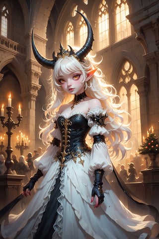 albino demon little queen, (long intricate horns:1.2), a sister clad in gothic punk attire, her face concealed behind a striking masquerade mask. She exudes an air of mystery and allure as she moves gracefully through the dimly lit corridors of the cathedraragon-themed,Christmas Fantasy World