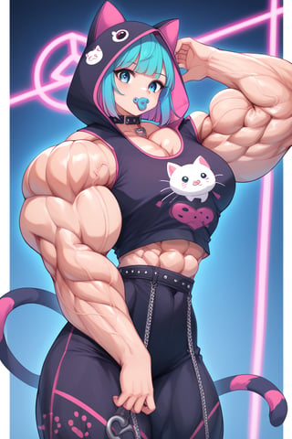 (score_9,score_8_up,score_7_up,score_6_up,score_5_up,score_4_up),
dal-3,vtuber girl,Solo,neon Light bright BODY,(luminous clothing),
cute anime characters,(baby pacifier),(((Super muscular body, amazing bulk body:1.5))),
Beautiful blue eyes,asymmetric bangs,candy punk Fashion,cat ear hood,Pastel colored clothes based on blue and pink,Pastel Emo Fashion, Anime Print Shirt,Gothic Style tights, long military boots,,dal-6 style,pink-emo,emo,Visual_Illustration,c0l0urc0r3,neon photography style,muscular_female