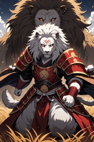  albino male lion, dressed in the attire of a samurai, its pristine white fur contrasting with the traditional samurai armor adorned with symbols of strength and honor. With a regal stance and piercing eyes reflecting wisdom and determination, the lion exudes nobility and power. Despite its imposing presence, there is a sense of grace and tranquility about this majestic creature. As it roams the plains, it commands respect and admiration, embodying the spirit of a noble warrior in the animal kingdom.,warrior