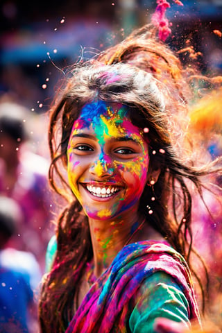  young Beautiful indian girl immersed in the joy of the Holi festival in India, Picture her wearing a traditional and brightly colored salwar kameez, her hands and face covered in an array of vibrant powdered pigments,Surround her with the dynamic energy of the festival, showcasing a background filled with people joyfully throwing colorful powders, creating a vivid and playful atmosphere. Optimize for a visually immersive composition that vividly captures the lively spirit and cultural richness of the Holi celebration,Goa,Indian,Beautiful Indian girl 