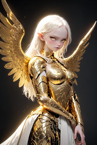 1girl, Beautiful albino Valkyrie,stands adorned in resplendent golden armor, radiating strength and nobility. The intricate design of the golden armor accentuates her fierce and regal presence,
metallic neon grow wing,real_booster