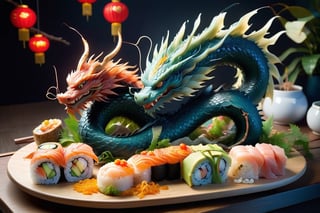 Dragon-themed sushi, where the culinary artistry blends Japanese cuisine and mythical inspiration. The dish showcases meticulously crafted sushi rolls resembling dragons, with avocado scales, fish fillet bodies, and seaweed wings. The dragon's head, often formed from a combination of ingredients, adds a visually stunning and flavorful touch. This creative fusion not only satisfies the palate with delicious sushi but also captivates diners with its imaginative presentation.,Dragon,Dragon themed ,Chinese Dragon,Dragonyear ,echmrdrgn
