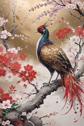 art based on red and white,Traditional Japanese art style,((gold leaf art materials)), beautiful long tale pheasant , figurative cherry blossoms,Color Splash,ink,depth of field,ptical osmosis