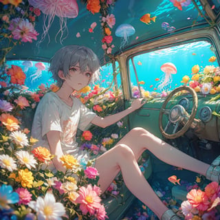 1boy, interior of an old car, many beautiful blooming flowers, the car covered with plant vines, the interior of the car, a boy sitting in the car, the car is sunk at the bottom of the sea, beautiful flowers and coral reefs, many jellyfish surround the boy, flower car, in car,anime,underwater,emo