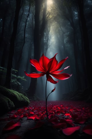 In the depths of darkness, a eerie red flower blooms, its petals glowing with an otherworldly light. Its twisted and jagged petals seem to dance with an unseen wind, casting an ominous glow that illuminates the shadows around it,This mysterious flower, found in the heart of a forbidding forest, It exudes an aura of enchantment and danger, as if holding secrets of ancient magic within its crimson petals,shards